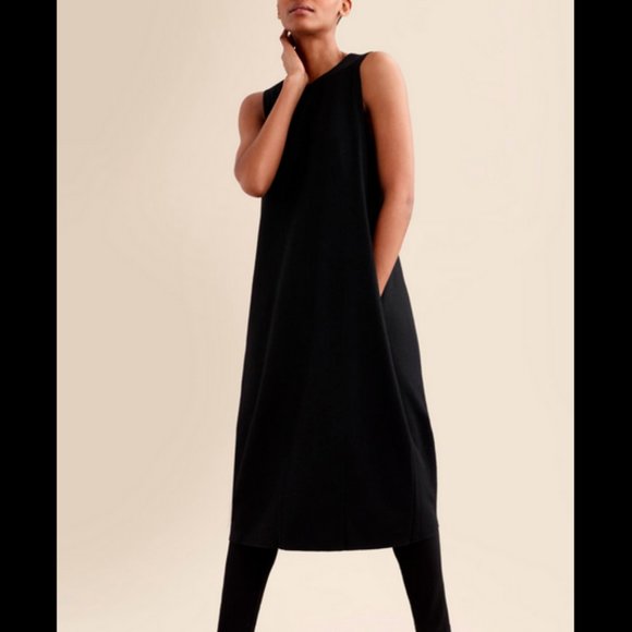 EILEEN FISHER BLACK SLEEVELESS BOILED WOOL LANTERN MIDI DRESS - Picture 7 of 8